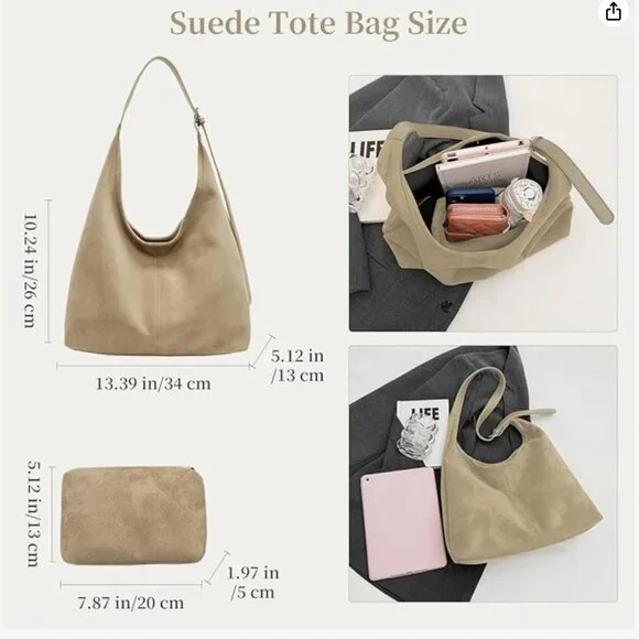 NEW! Faux Vegan Tan Beige Slouchy Suede Hobo Shoulder Bag with matching Purse - Picture 14 of 14